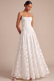 A Line White Spaghetti Straps Floral Long Wedding Reception Dress