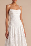 A Line White Spaghetti Straps Floral Long Wedding Reception Dress