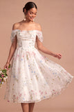 White A Line Floral Corset Beaded Midi Wedding Reception Dress