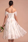 White A Line Floral Corset Beaded Midi Wedding Reception Dress