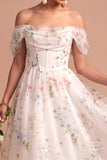 White A Line Floral Corset Beaded Midi Wedding Reception Dress