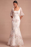 Mermaid Floral Square Neck White Long Wedding Reception Dress