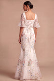 Mermaid Floral Square Neck White Long Wedding Reception Dress
