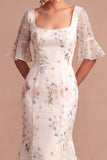 Mermaid Floral Square Neck White Long Wedding Reception Dress