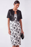 Black Floral Sheath 2 Piece Midi Work Dress with Jacket