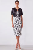 Black Floral Sheath 2 Piece Midi Work Dress with Jacket