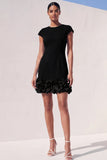 Blue Bodycon Cap Sleeves Short Appliqued Work Dress