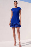 Blue Bodycon Cap Sleeves Short Appliqued Work Dress