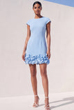 Blue Bodycon Cap Sleeves Short Appliqued Work Dress