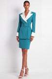 Blue 2 Piece Peak Lapel Short Work Suits with Belts