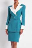 Blue 2 Piece Peak Lapel Short Work Suits with Belts