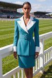Blue 2 Piece Peak Lapel Short Work Suits with Belts