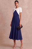 Navy A Line Short Sleeves Midi Work Dress