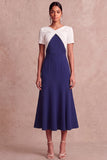 Navy A Line Short Sleeves Midi Work Dress