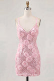Pink Bodycon Floral Spaghetti Straps Short Homecoming Dress