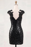 Bodycon Sequined Black Sparkly Short Homecoming Dress with Beading