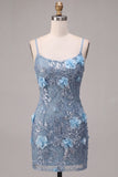 Sparkly Sequined Dusty Blue Bodycon Short Homecoming Dress