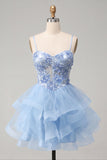 A Line Blue Floral Appliqued Short Homecoming Dress