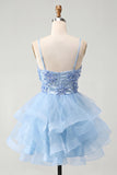 A Line Blue Floral Appliqued Short Homecoming Dress