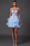 A Line Blue Floral Appliqued Short Homecoming Dress