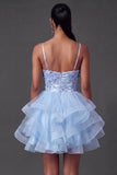 A Line Blue Floral Appliqued Short Homecoming Dress