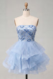A Line Blue Floral Sparkly Sequined Short Homecoming Dress