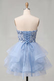 A Line Blue Floral Sparkly Sequined Short Homecoming Dress