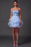A Line Blue Floral Sparkly Sequined Short Homecoming Dress