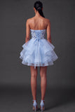 A Line Blue Floral Sparkly Sequined Short Homecoming Dress