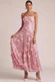 Pink Floral A Line Strapless Appliqued Long Formal Dress