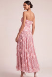 Pink Floral A Line Strapless Appliqued Long Formal Dress