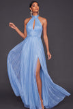 Blue A Line Halter Neck Long Formal Dress with Slit