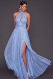 Blue A Line Halter Neck Long Formal Dress with Slit
