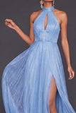 Blue A Line Halter Neck Long Formal Dress with Slit