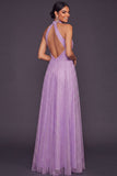 Blue A Line Halter Neck Long Formal Dress with Slit