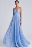 Glitter Blue A Line Sweetheart Pleated High Waist Long Formal Dress