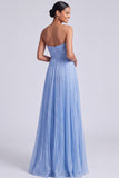 Glitter Blue A Line Sweetheart Pleated High Waist Long Formal Dress