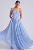 Glitter Blue A Line Sweetheart Pleated High Waist Long Formal Dress