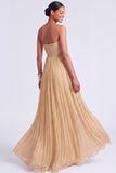 Glitter Blue A Line Sweetheart Pleated High Waist Long Formal Dress