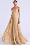 Glitter Blue A Line Sweetheart Pleated High Waist Long Formal Dress