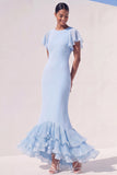 Light Blue Ruffled Mermaid Maxi Flutter Sleeves Formal Dress