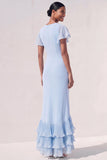 Light Blue Ruffled Mermaid Maxi Flutter Sleeves Formal Dress