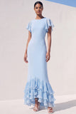 Light Blue Ruffled Mermaid Maxi Flutter Sleeves Formal Dress