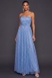 Glitter Blue Strapless Pleated A Line Maxi Formal Dress