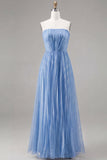 Glitter Blue Strapless Pleated A Line Maxi Formal Dress
