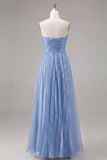 Glitter Blue Strapless Pleated A Line Maxi Formal Dress