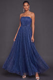Glitter Blue Strapless Pleated A Line Maxi Formal Dress