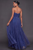 Glitter Blue Strapless Pleated A Line Maxi Formal Dress