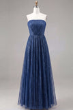 Glitter Blue Strapless Pleated A Line Maxi Formal Dress