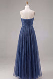 Glitter Blue Strapless Pleated A Line Maxi Formal Dress